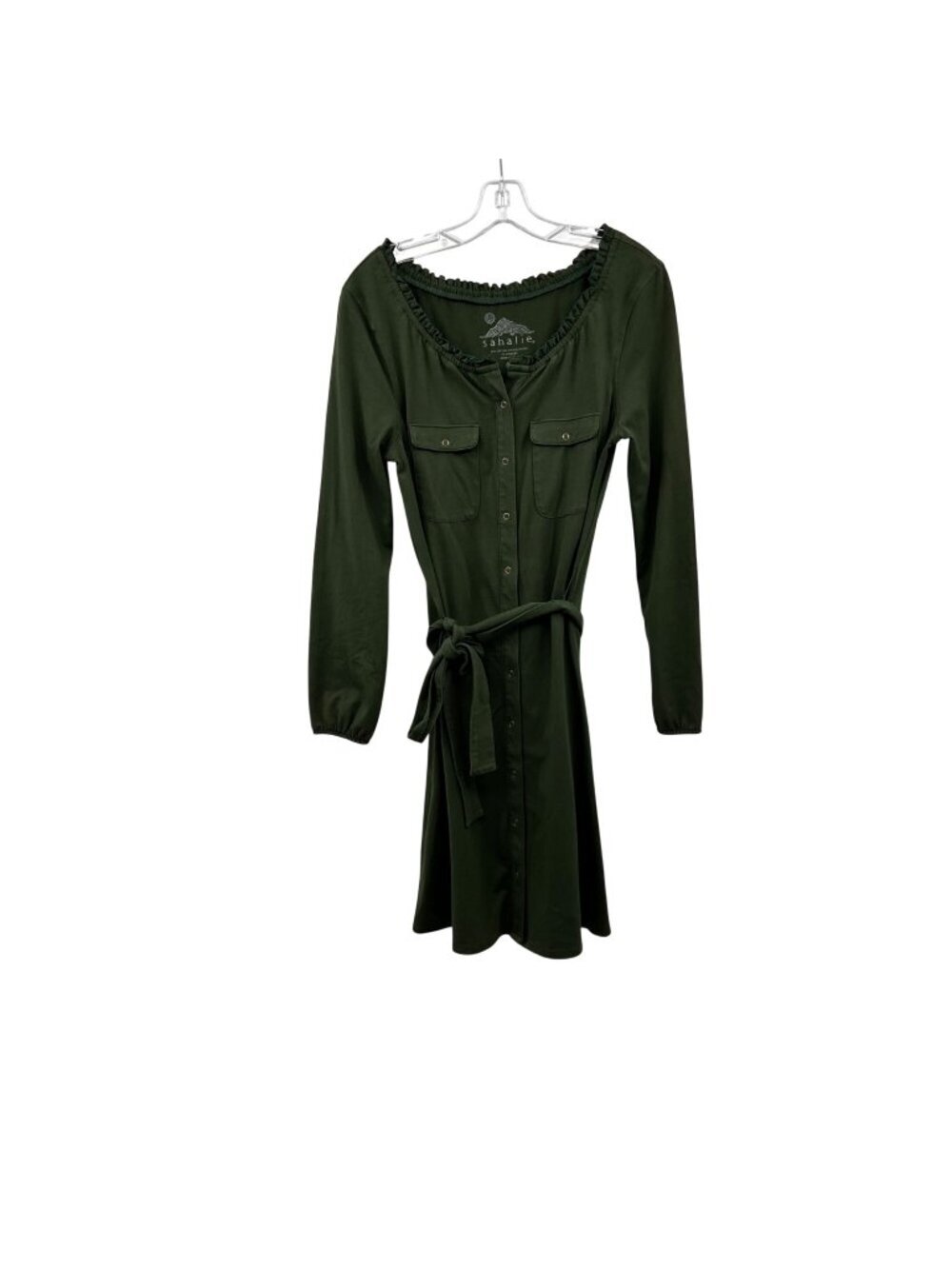 Sahalie Green Shift Dress Long Sleeve Belted Size Medium Snap Up